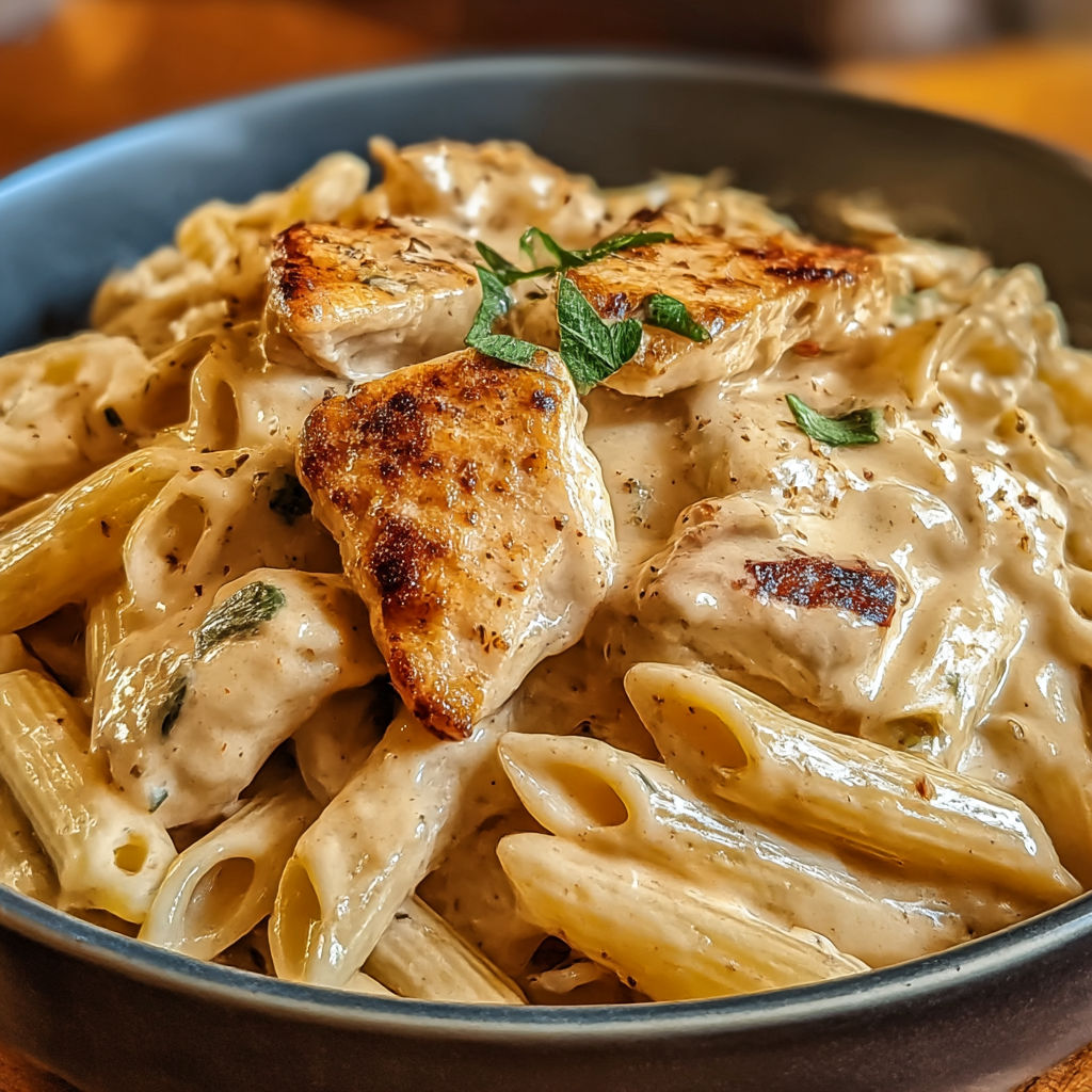 A bowl of pasta with chicken and vegetables.