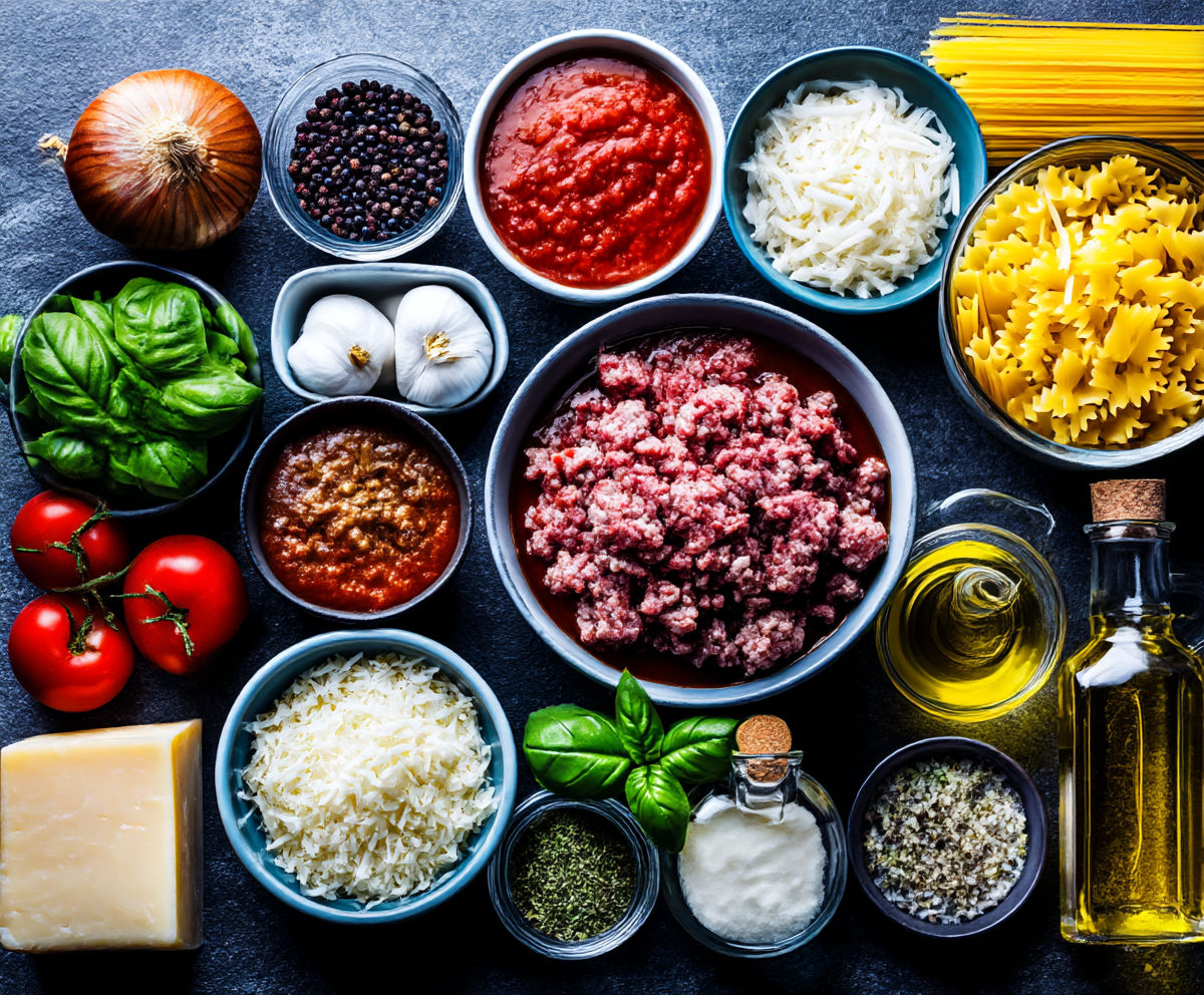 A variety of foods are displayed on a table, including pasta, tomatoes, onions, and cheese.