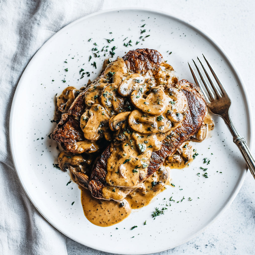 A plate of meat covered in mushrooms and gravy.
