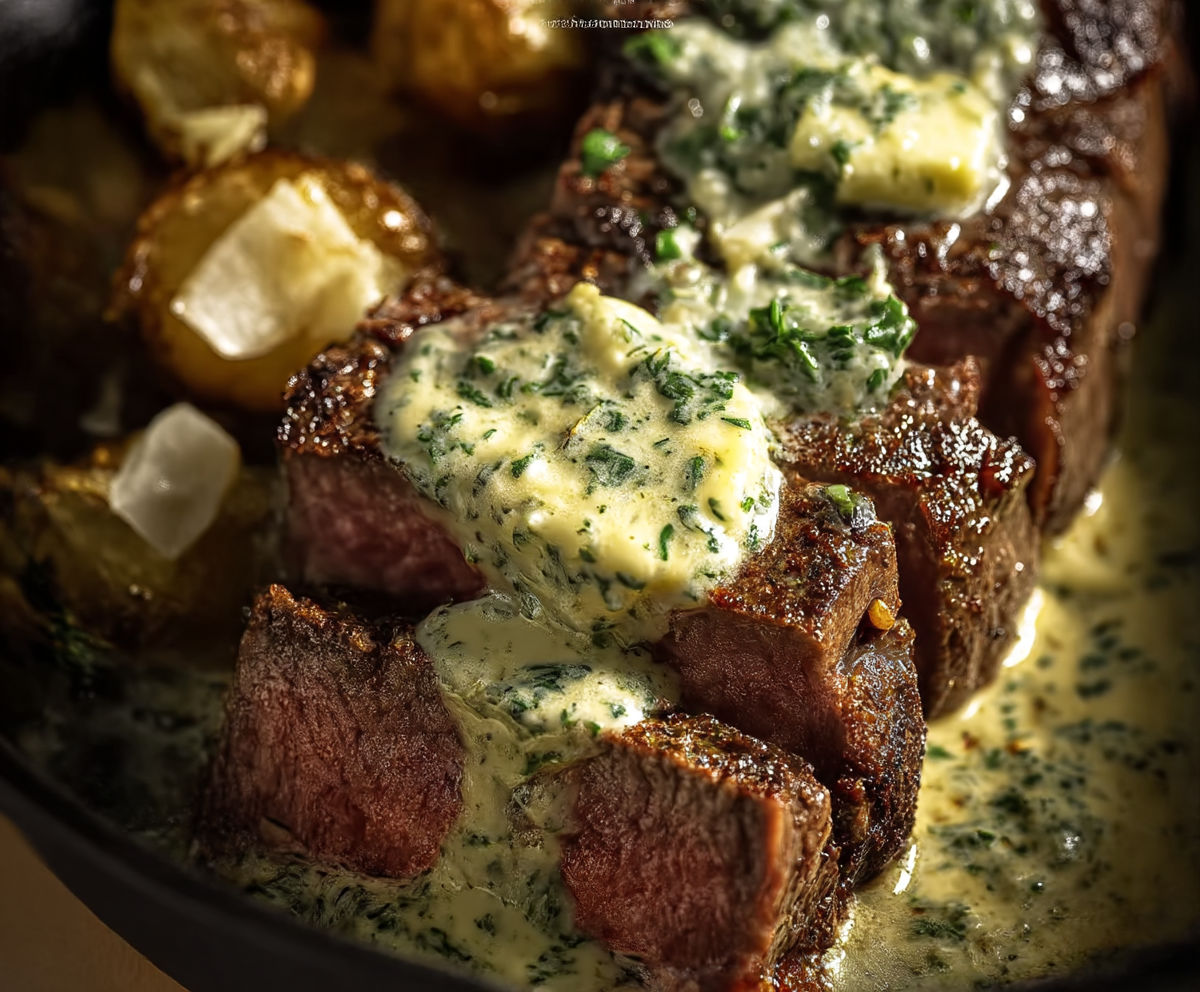 A beef steak with a sauce on top.