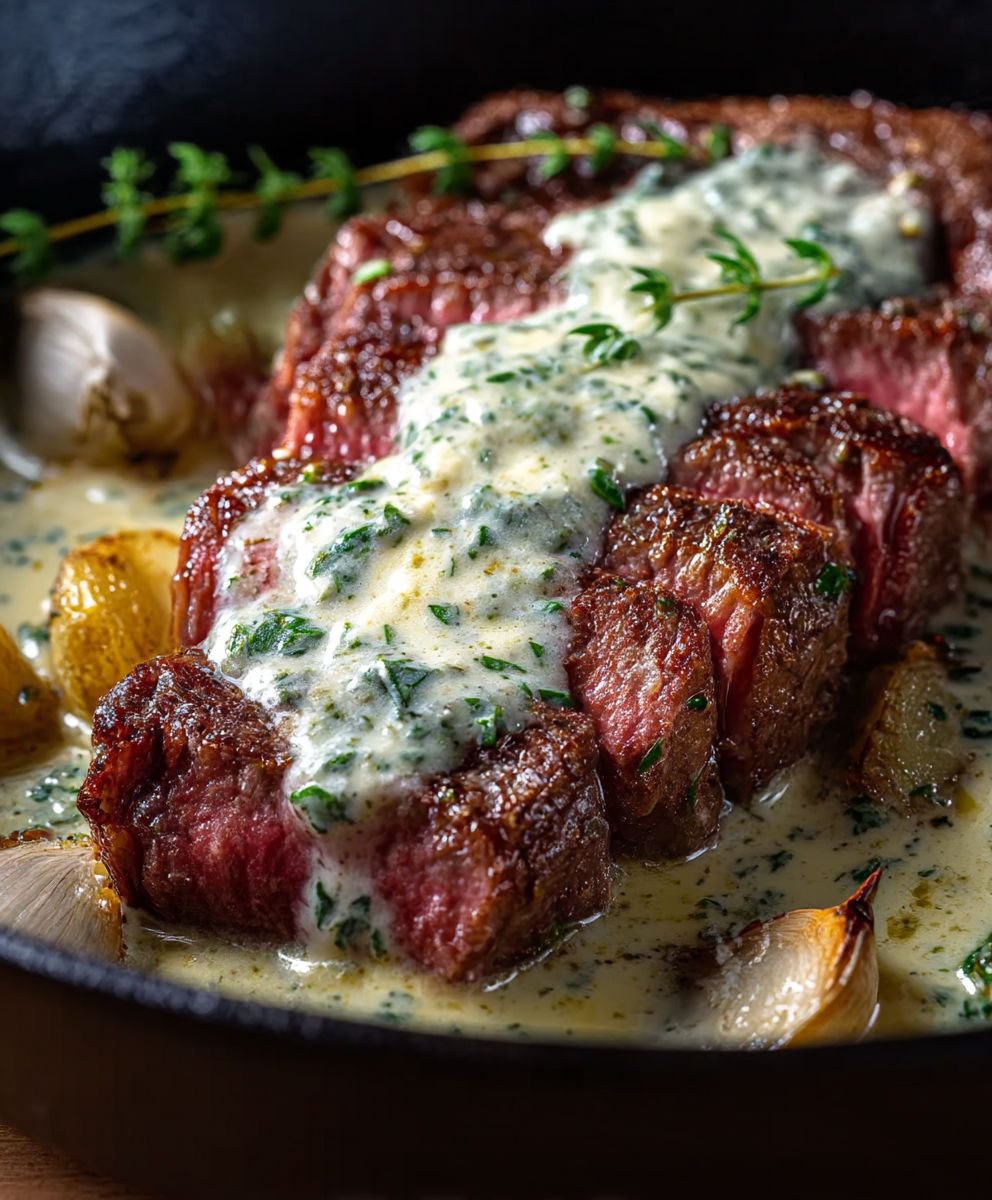 A close up of a steak with sauce on it.