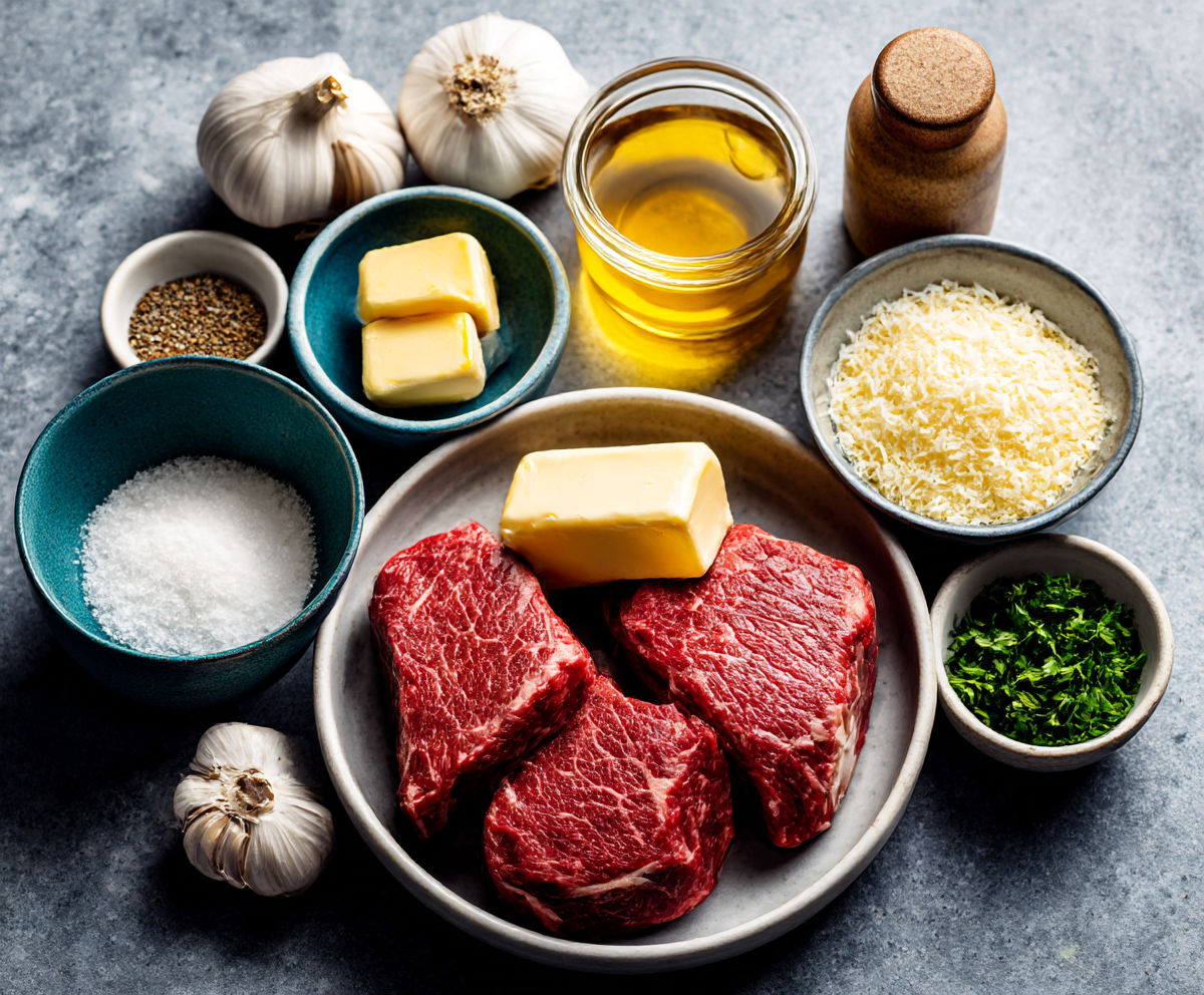 A plate of raw meat with a bowl of butter and a bowl of seasoning.