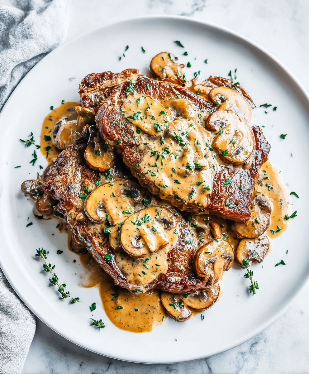 A plate of meat covered in mushrooms and gravy.
