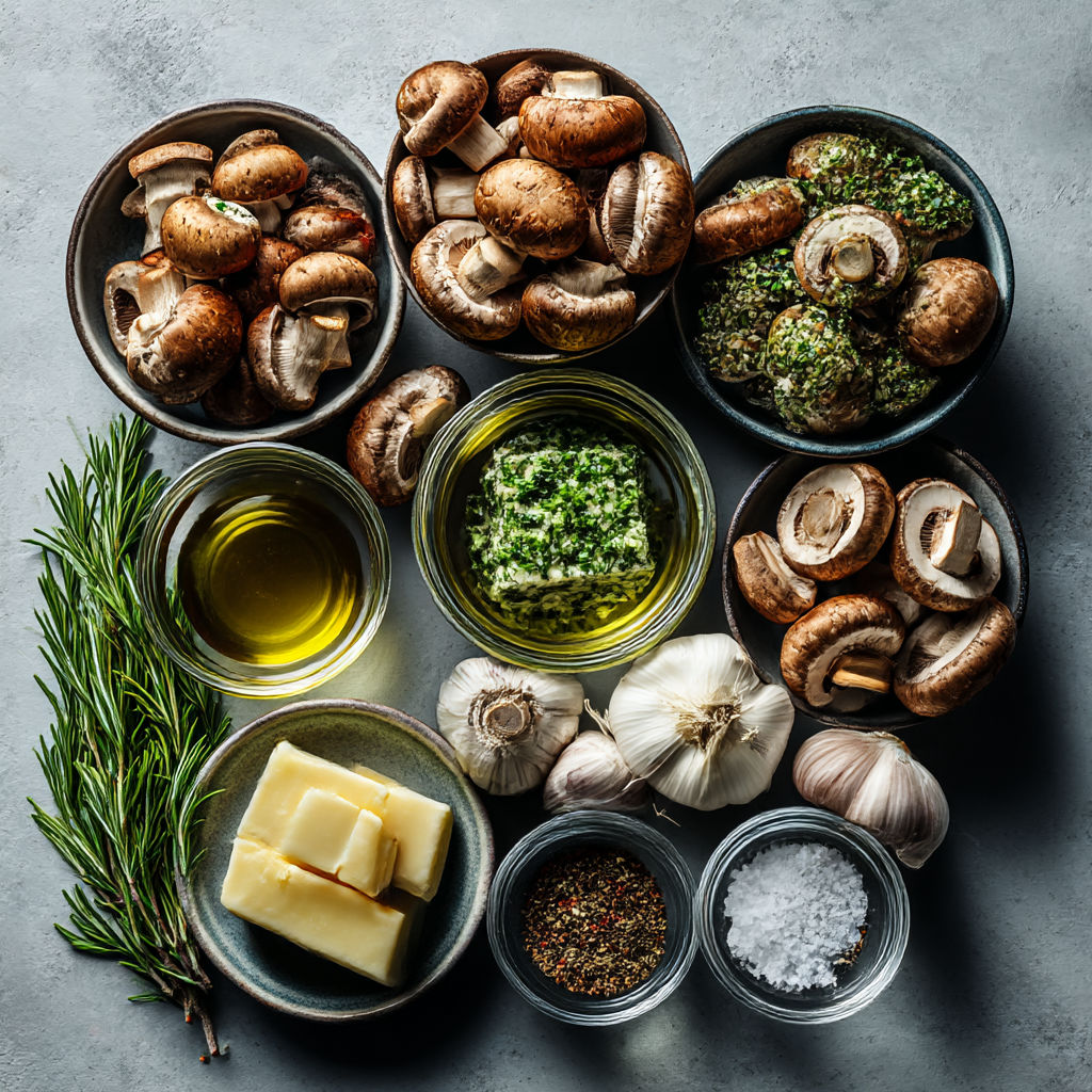 A variety of mushrooms and herbs are displayed in a series of bowls.