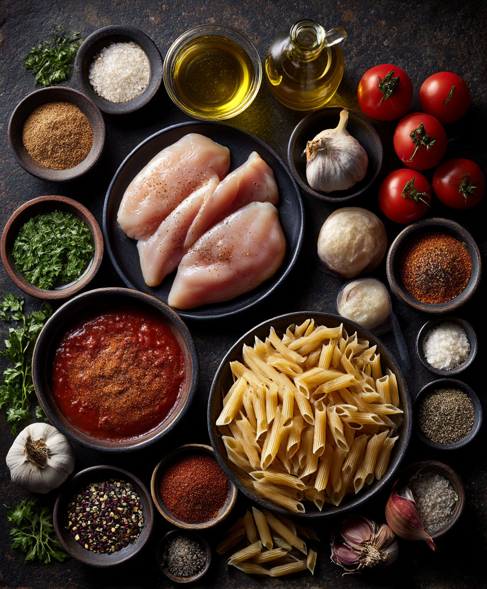 A variety of foods are displayed on a table, including pasta, tomatoes, onions, garlic, and oil.