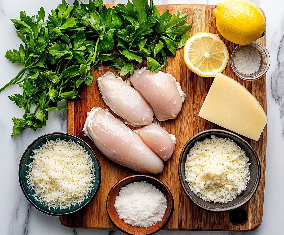 A wooden cutting board with various food items on it.