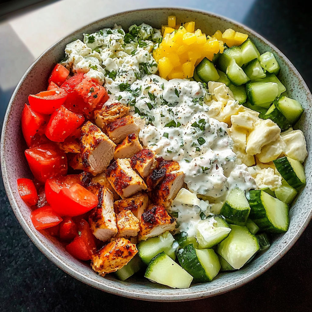 A bowl of food with chicken, tomatoes, cucumbers, and cheese.