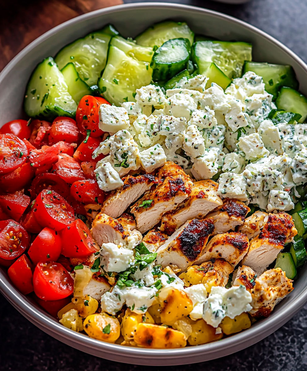 A bowl of food with chicken, tomatoes, cucumbers, and cheese.