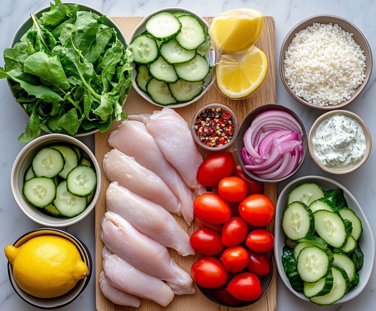A wooden cutting board with a variety of vegetables and meat.