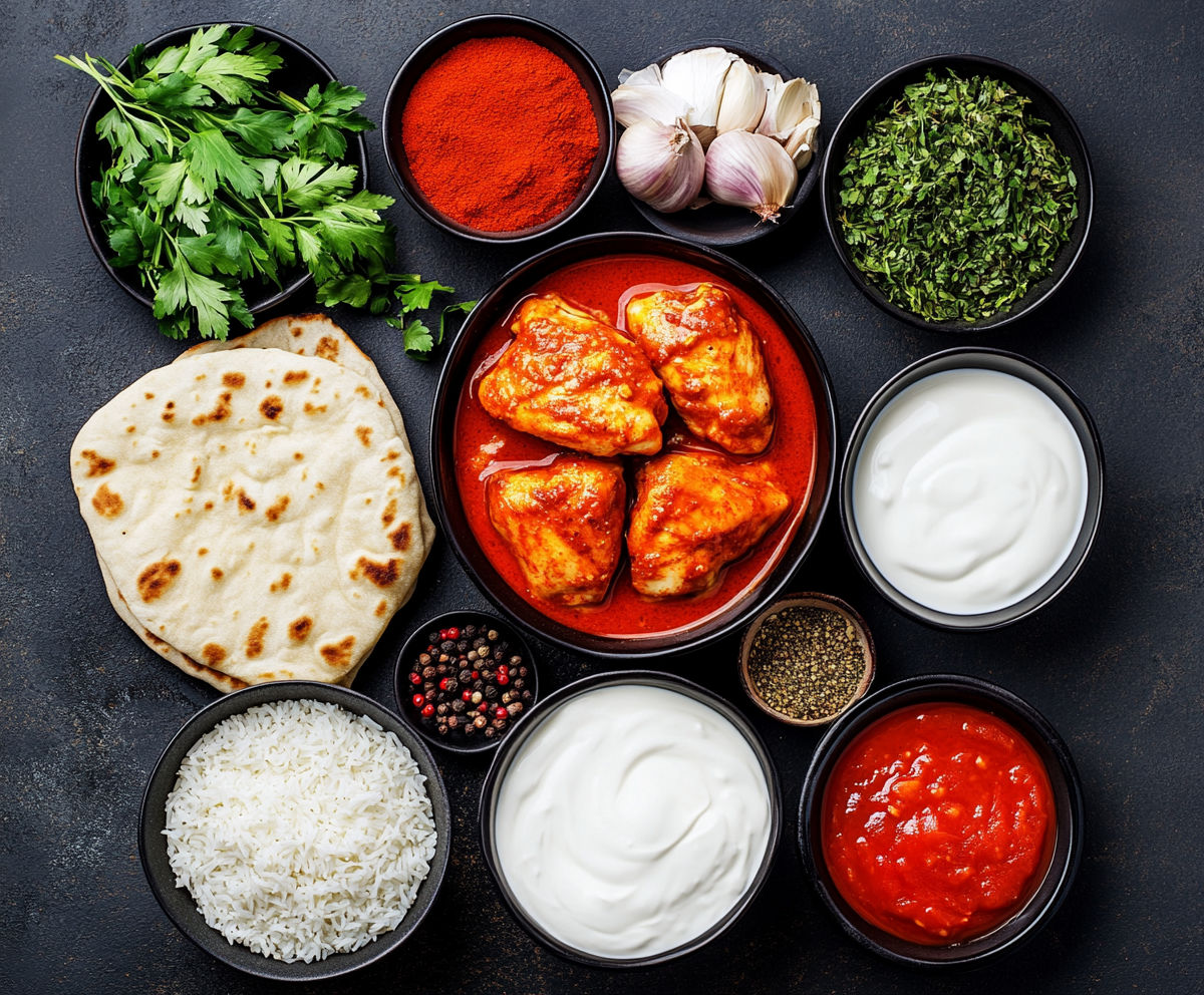 A variety of foods are displayed on a table.