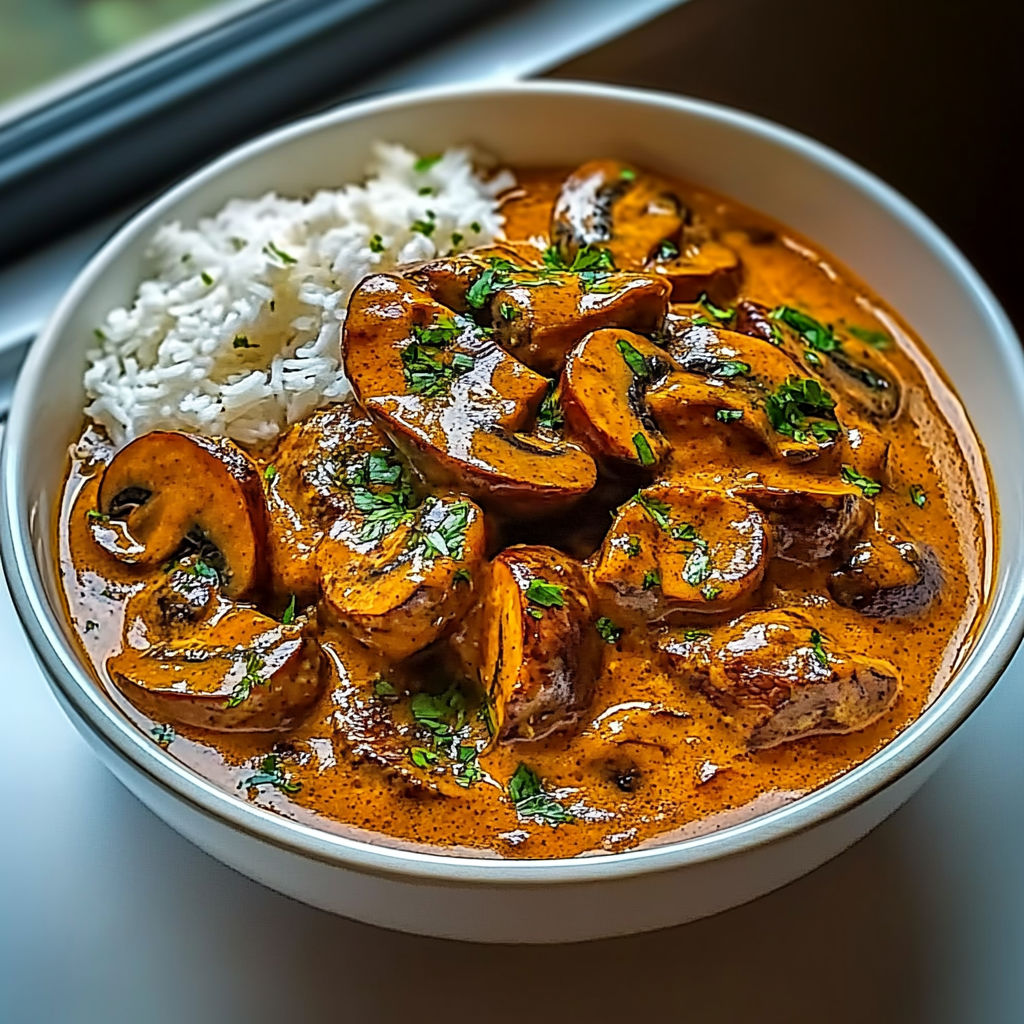 A bowl of food with rice and mushrooms.