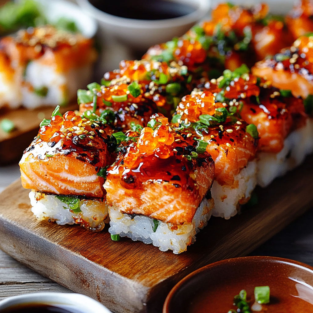 Sushi rolls on a wooden cutting board.
