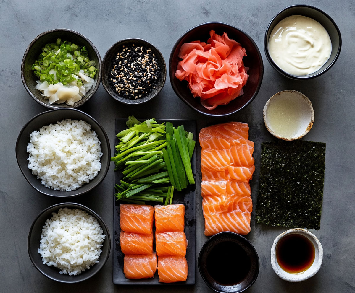 A variety of foods on a table including sushi, rice, and vegetables.