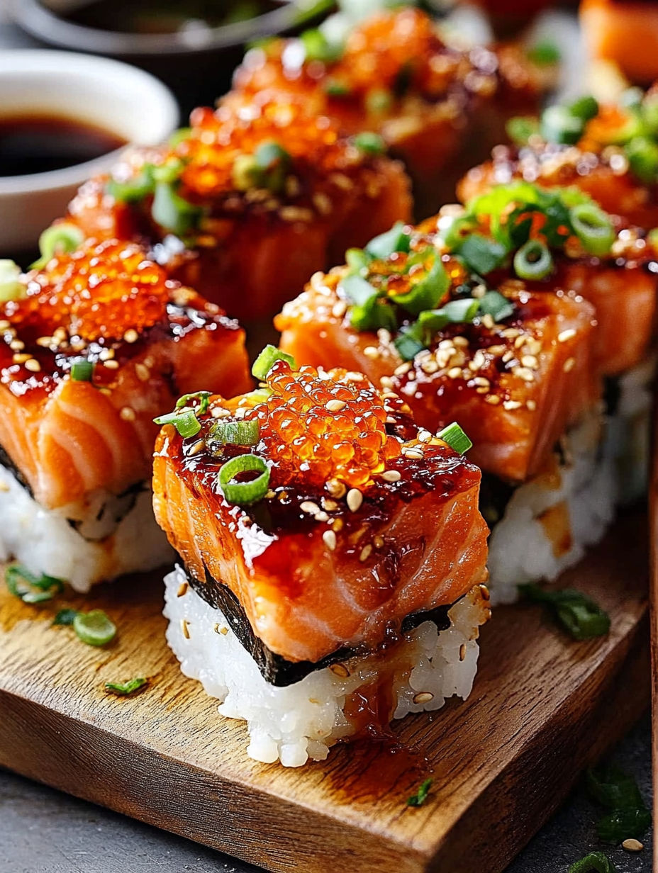 A plate of sushi with sauce on it.