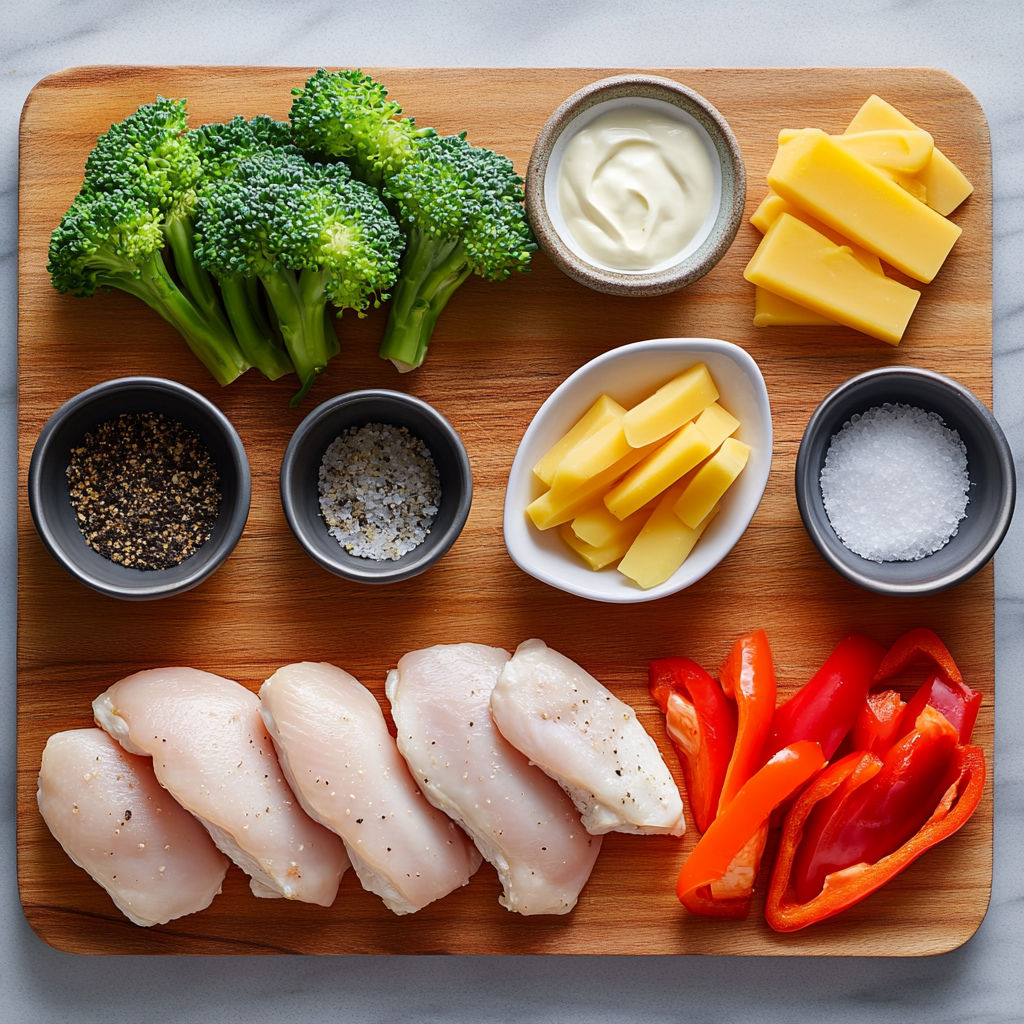 A wooden cutting board with various food items on it.