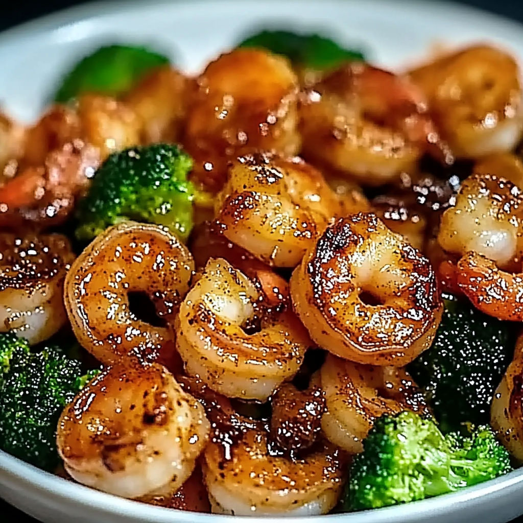 A bowl of shrimp and broccoli.