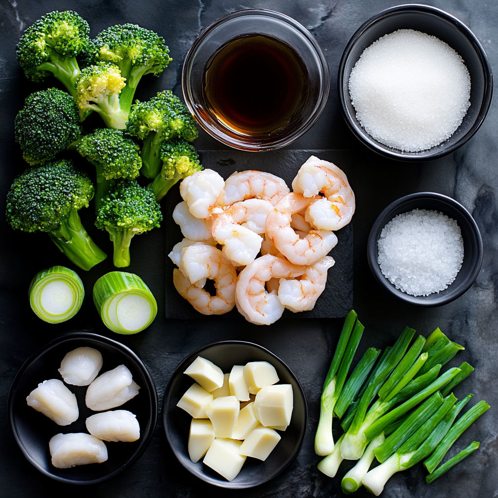 A variety of vegetables and shrimp on a table.