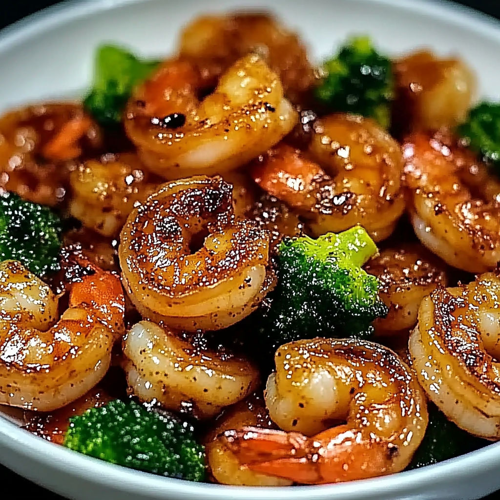A bowl of shrimp and broccoli.