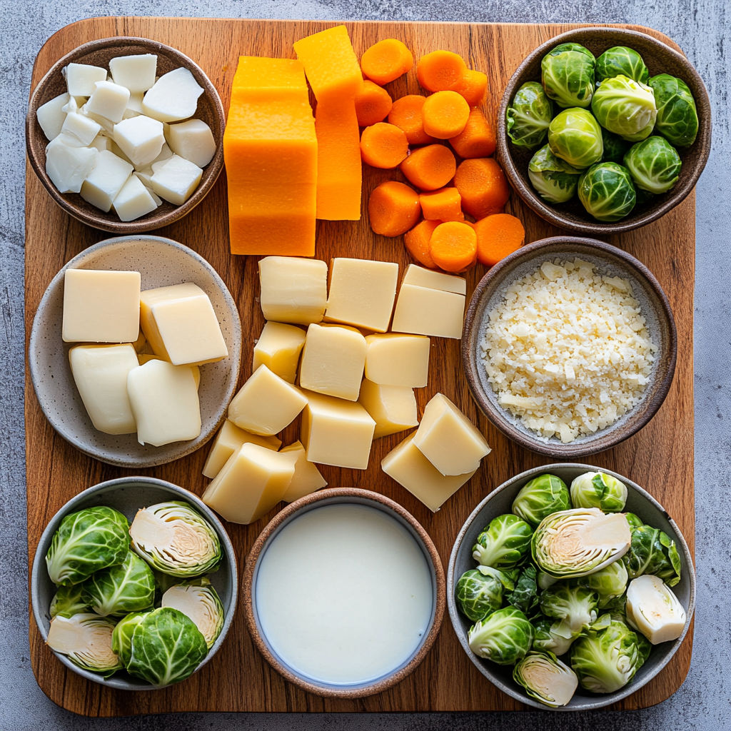 A wooden cutting board with various foods on it.