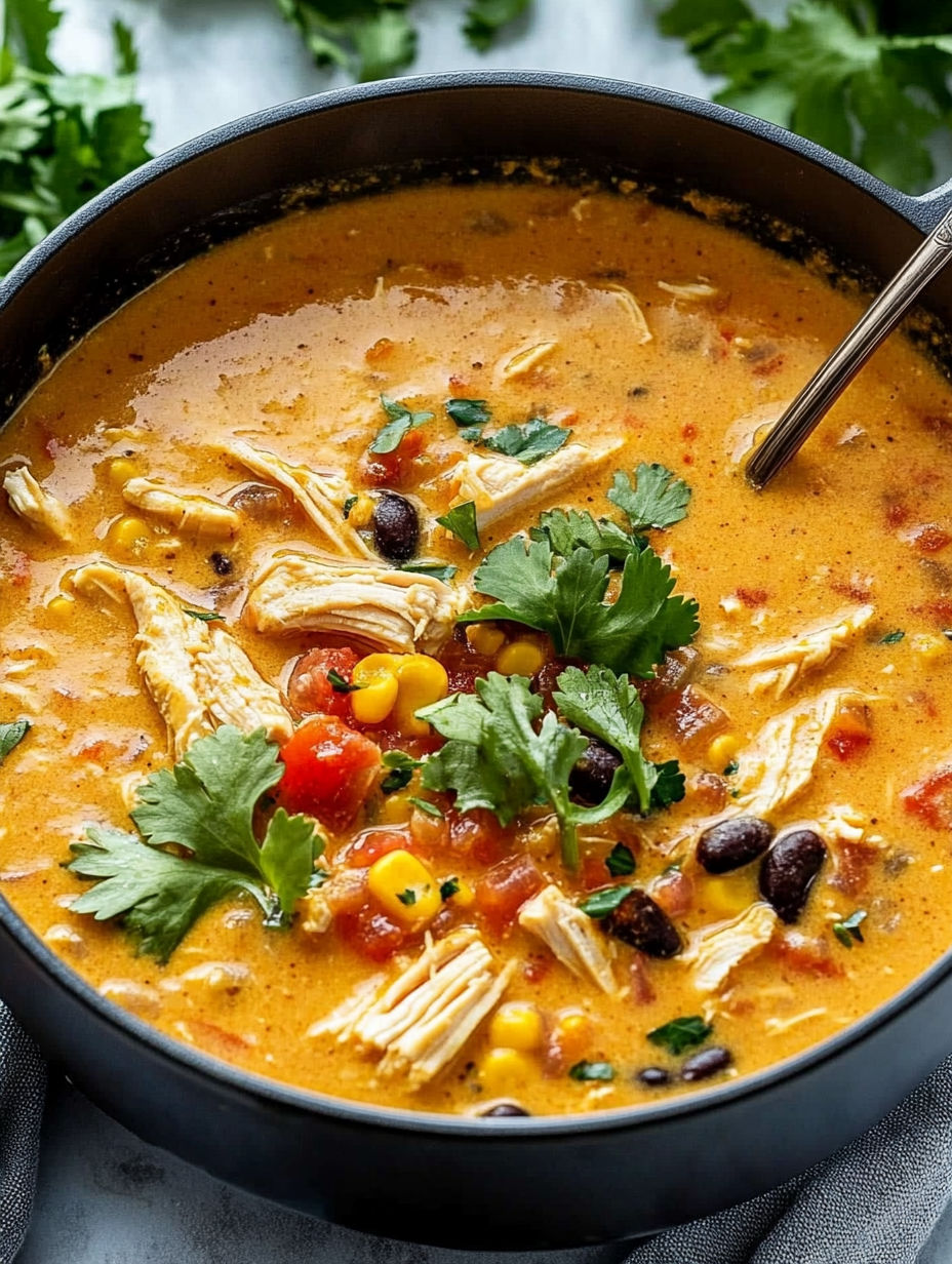 A bowl of soup with chicken, corn, and tomatoes.
