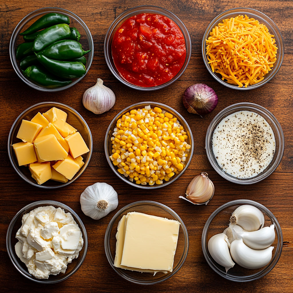A variety of foods are displayed in a row, including cheese, onions, and peppers.