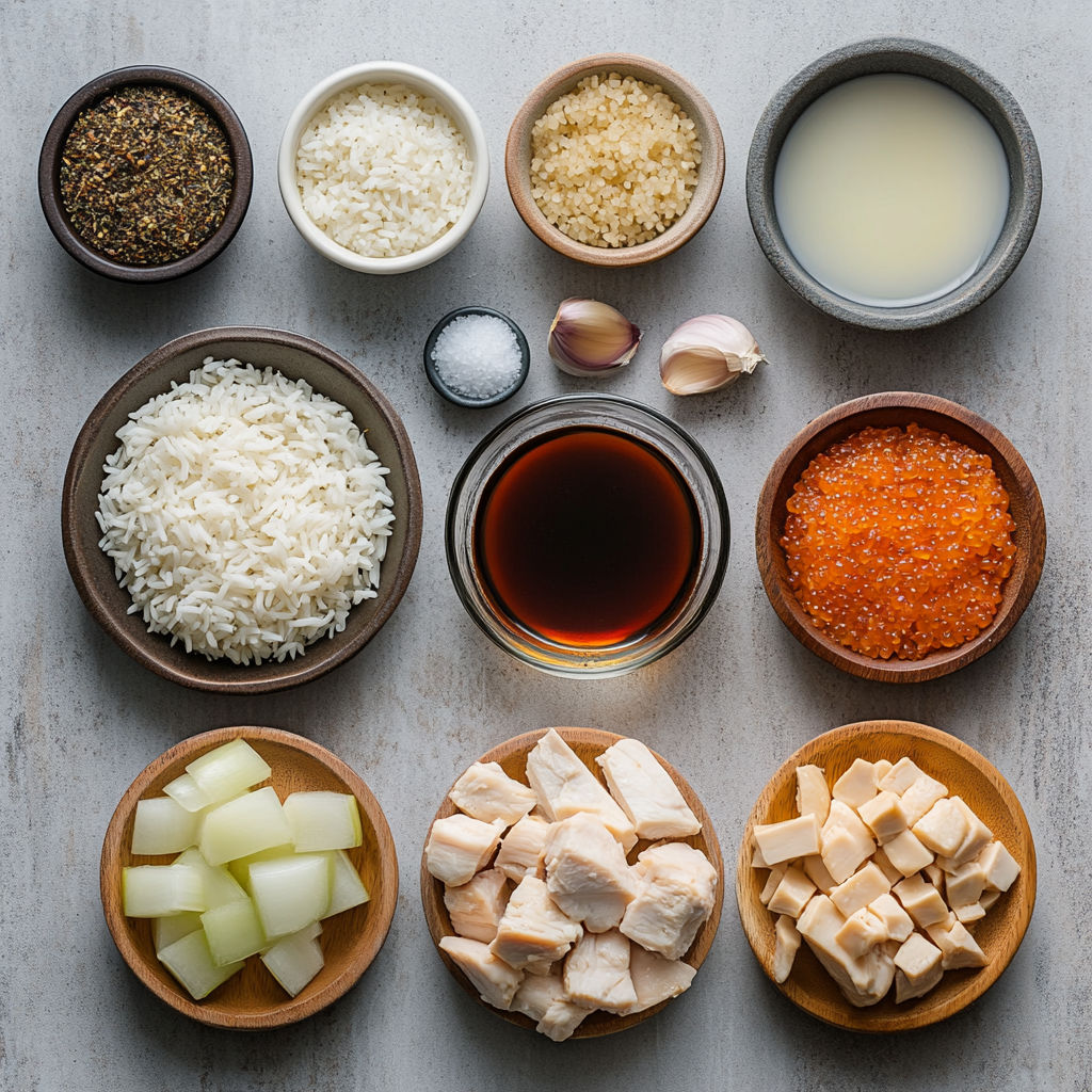 A variety of foods are displayed on a table.
