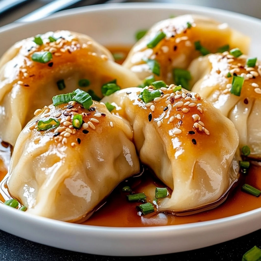 A bowl of dumplings with sauce.