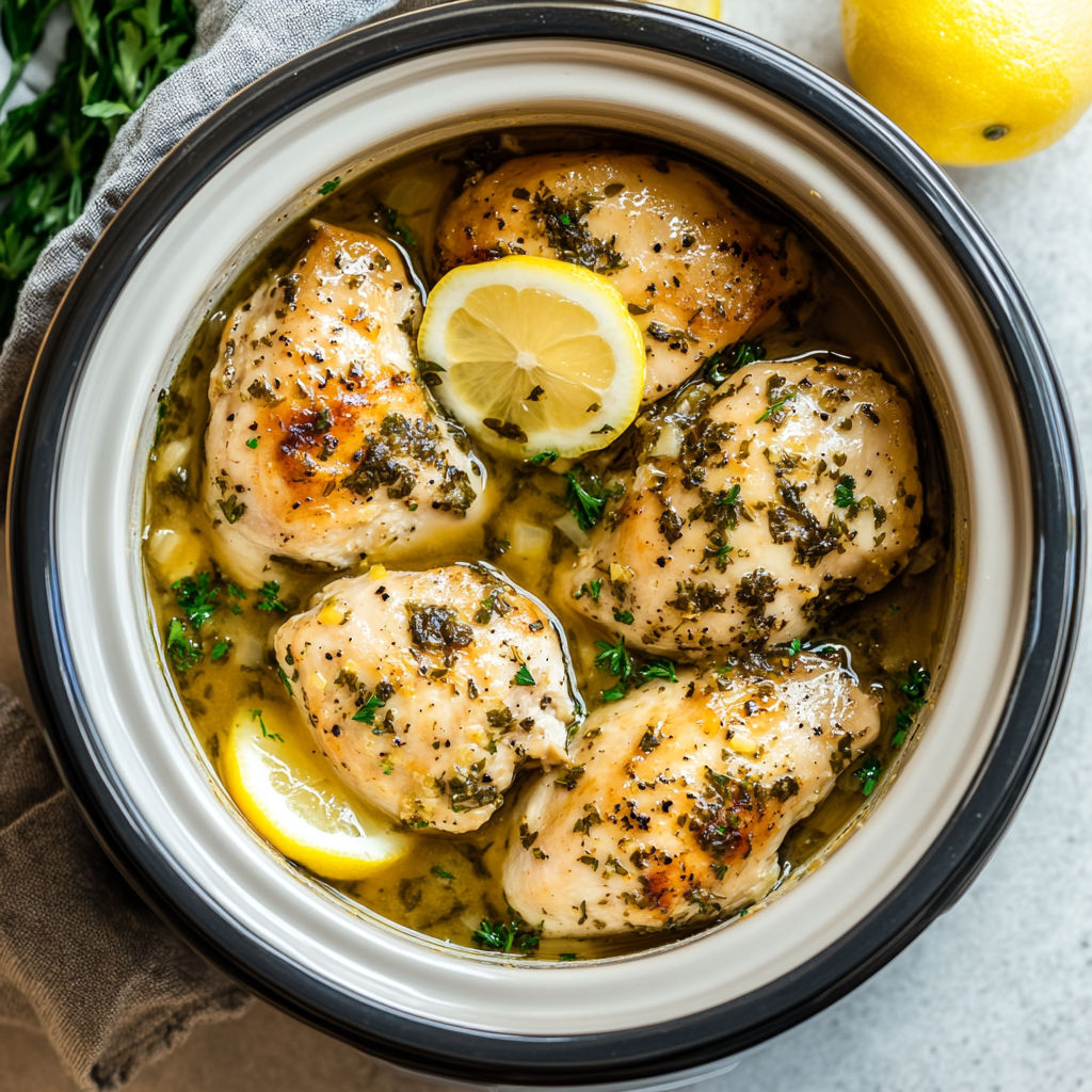 A bowl of chicken with lemon and herbs.