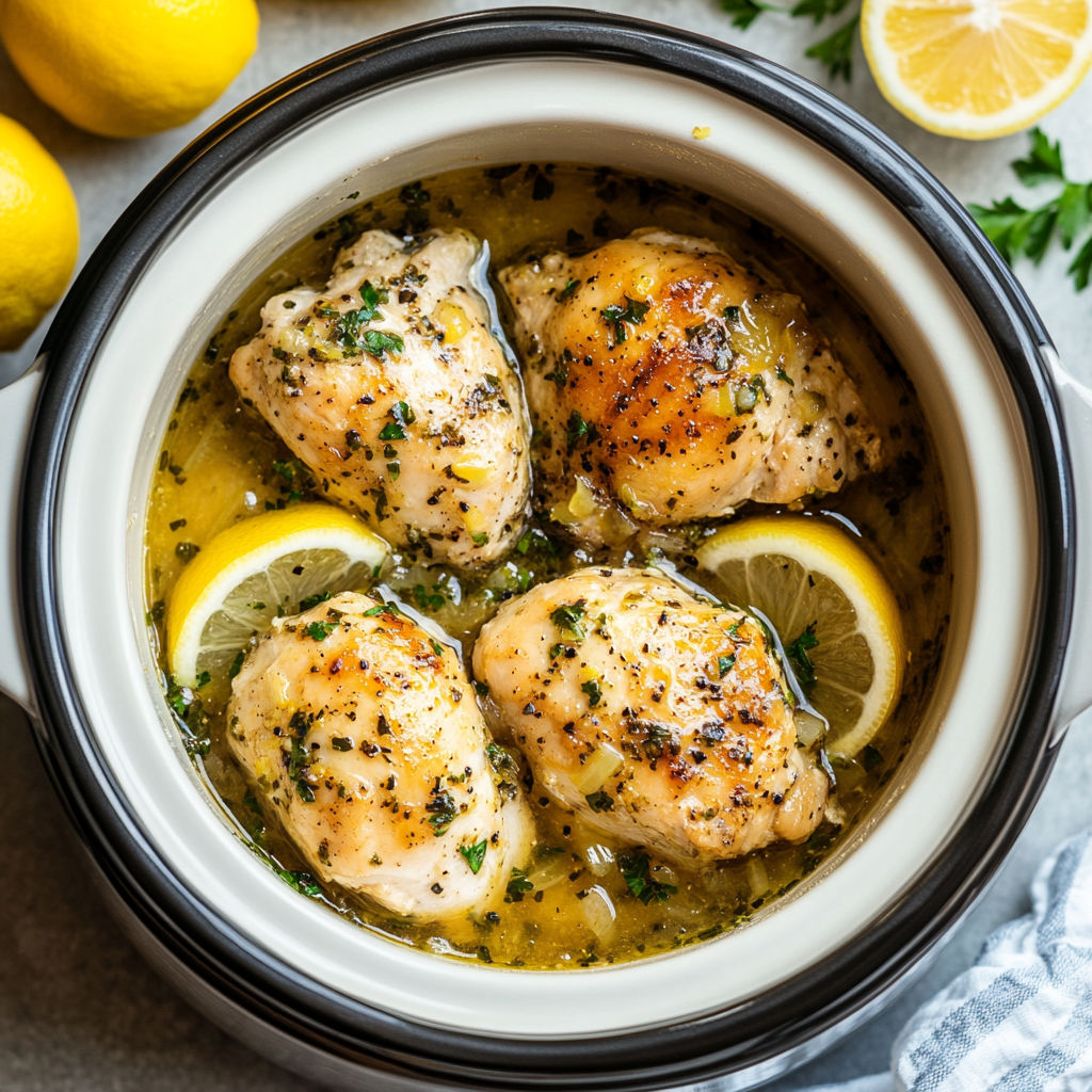 A bowl of chicken with lemon slices on top.