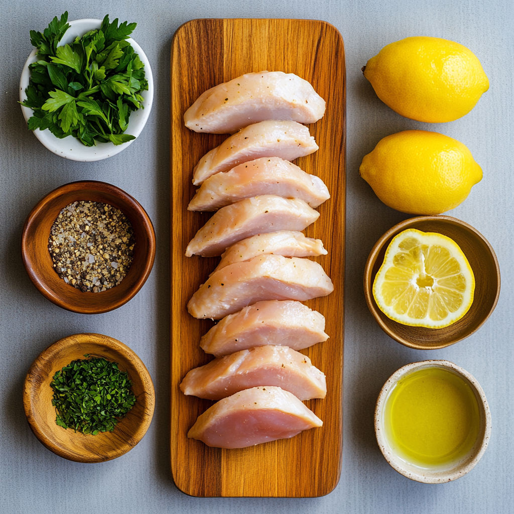 A wooden cutting board with chicken and lemon slices.