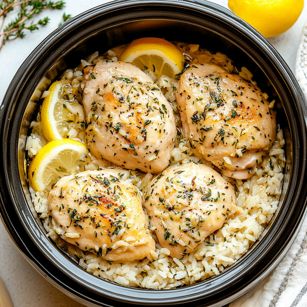 A bowl of rice with chicken and lemon.