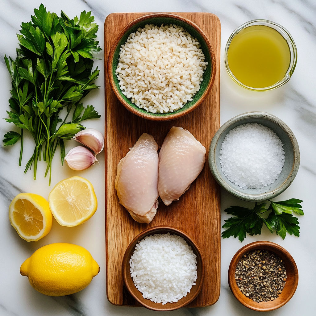 A wooden cutting board with a bowl of rice, a bowl of chicken, a bowl of lemon, a bowl of salt, and a bowl of pepper.