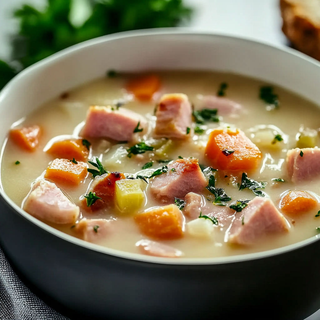 A bowl of soup with ham and carrots.