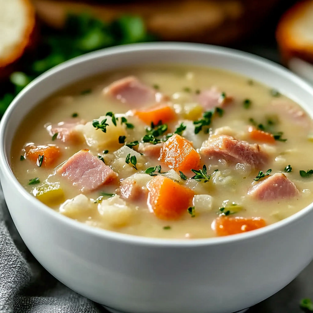 A bowl of soup with ham and carrots.