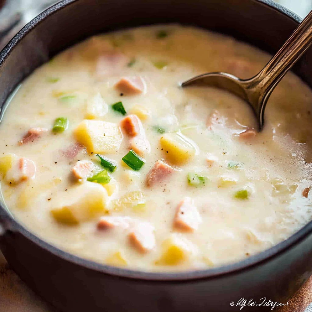 A bowl of soup with a spoon in it.