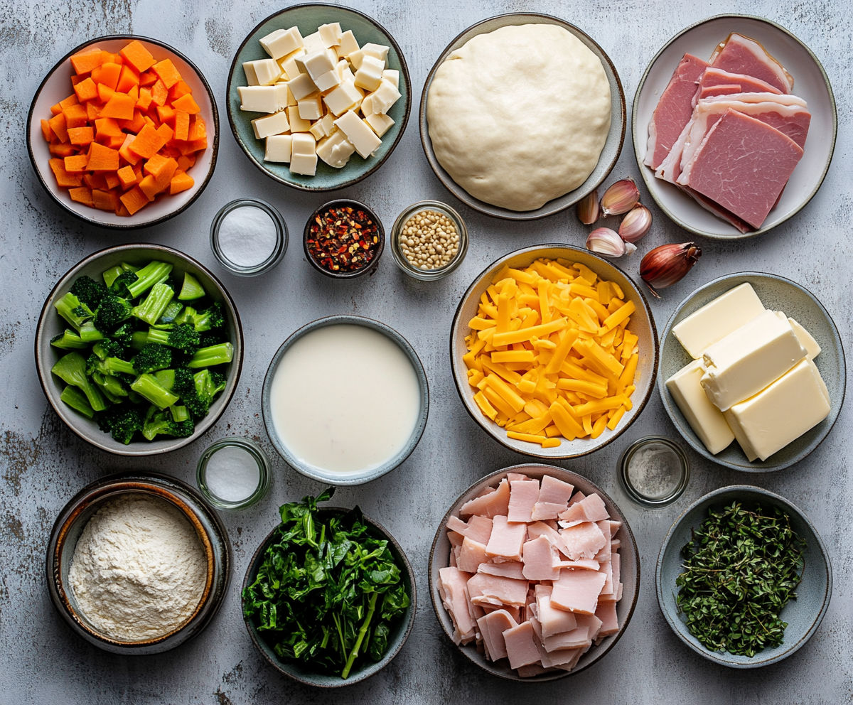 A variety of foods are displayed in bowls, including ham, cheese, and vegetables.