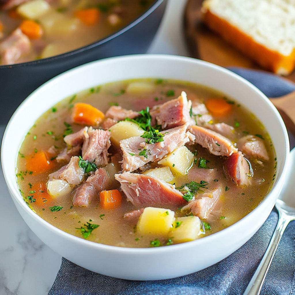A bowl of soup with meat and vegetables.