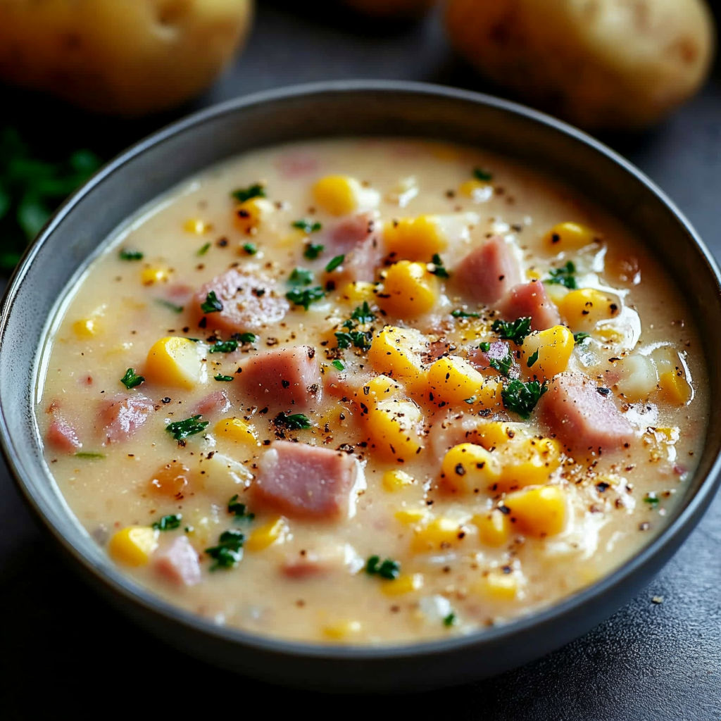 A bowl of soup with ham and corn.