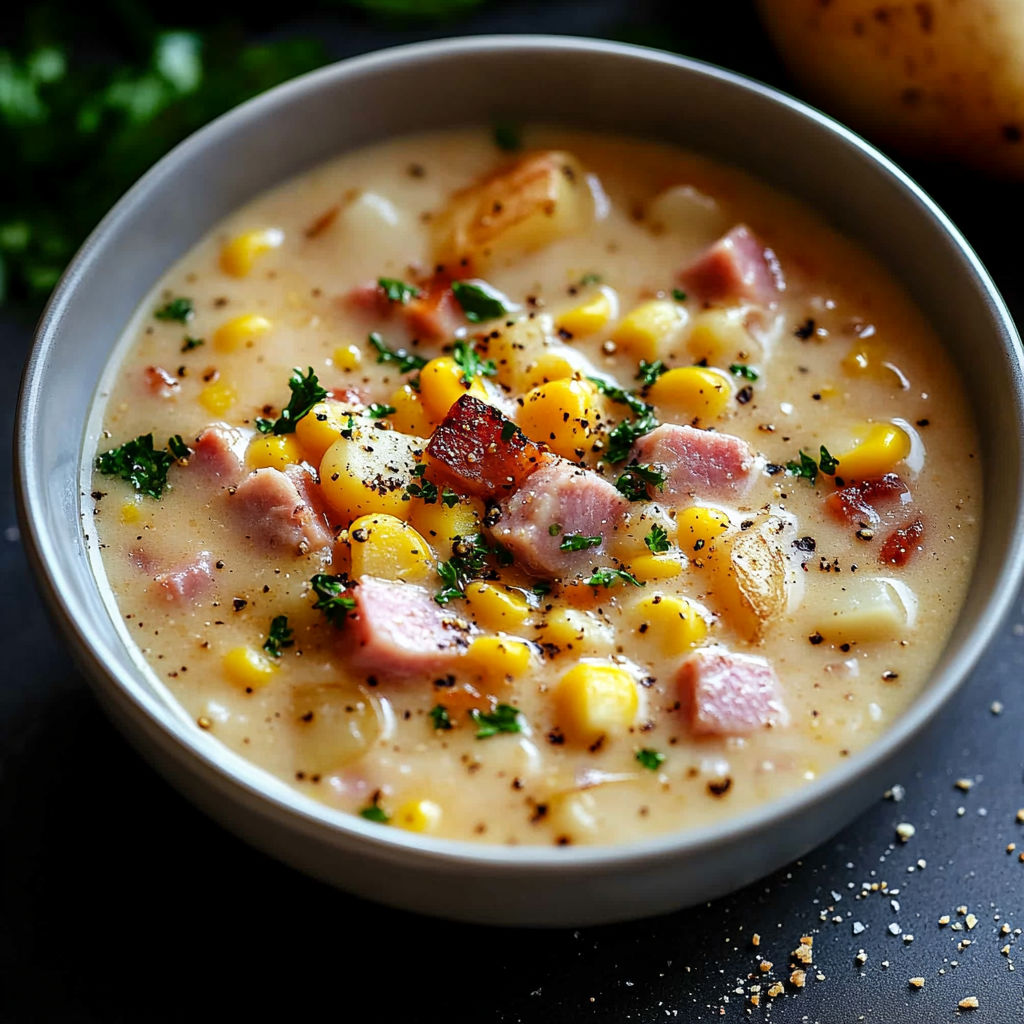 A bowl of soup with corn and ham.