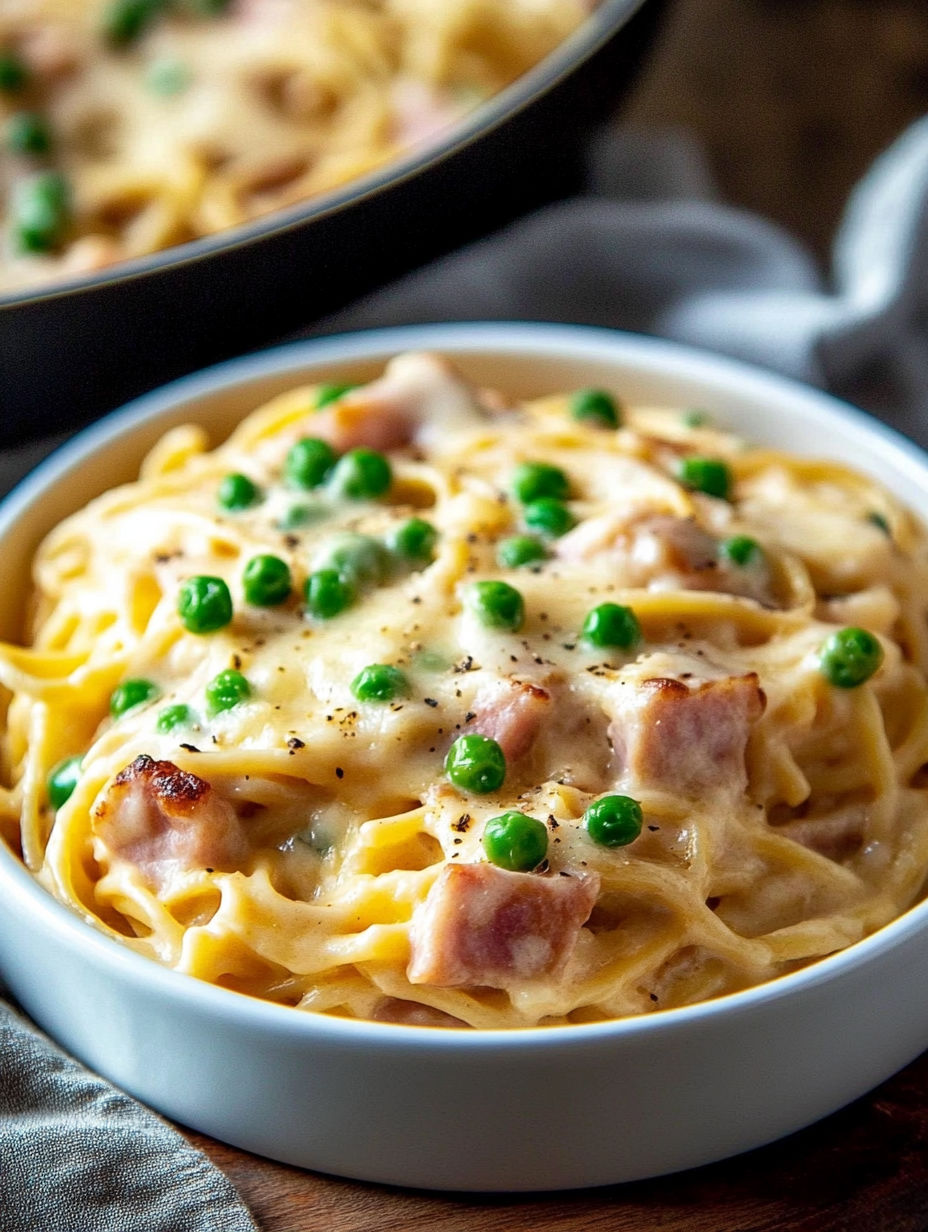 A bowl of pasta with peas and ham.