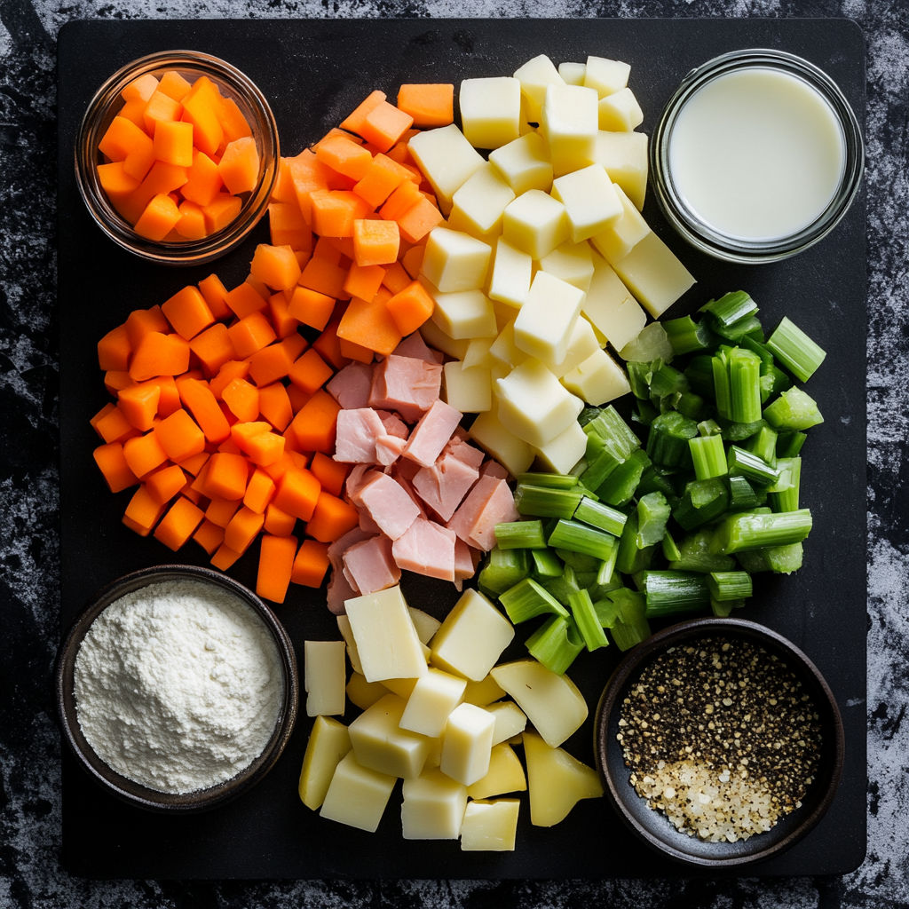 A variety of foods are displayed on a table, including cheese, meat, and vegetables.
