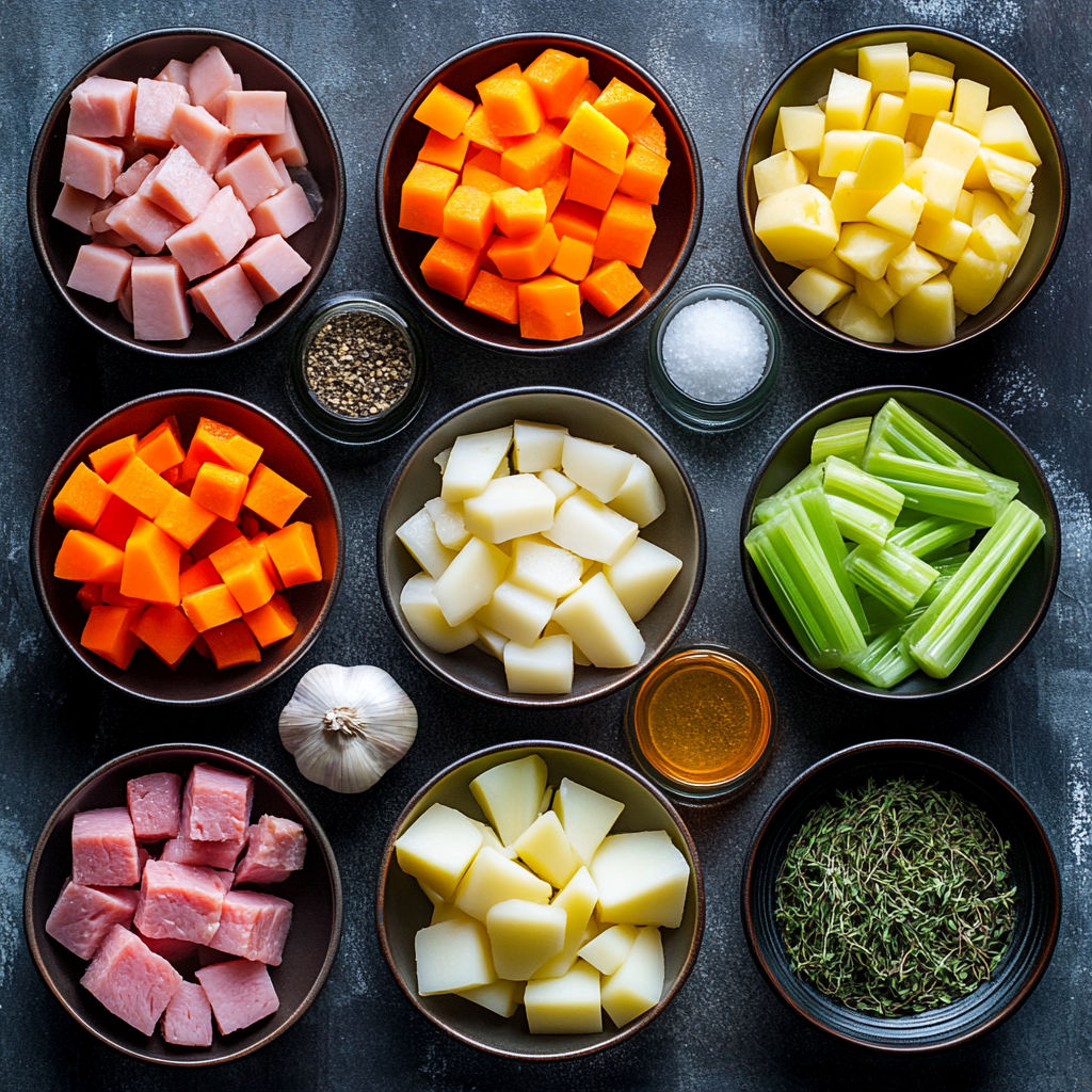 A variety of vegetables and meats in bowls.