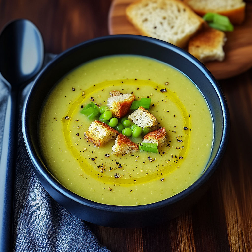 A bowl of soup with a spoon in it.
