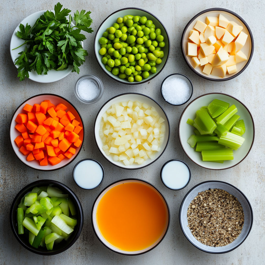 A variety of foods are displayed in bowls, including carrots, cheese, and peas.