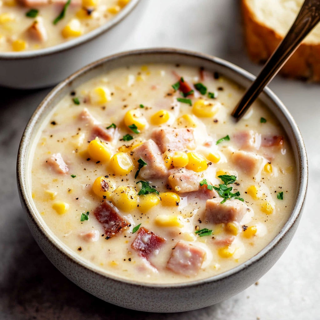 A bowl of soup with meat and corn.