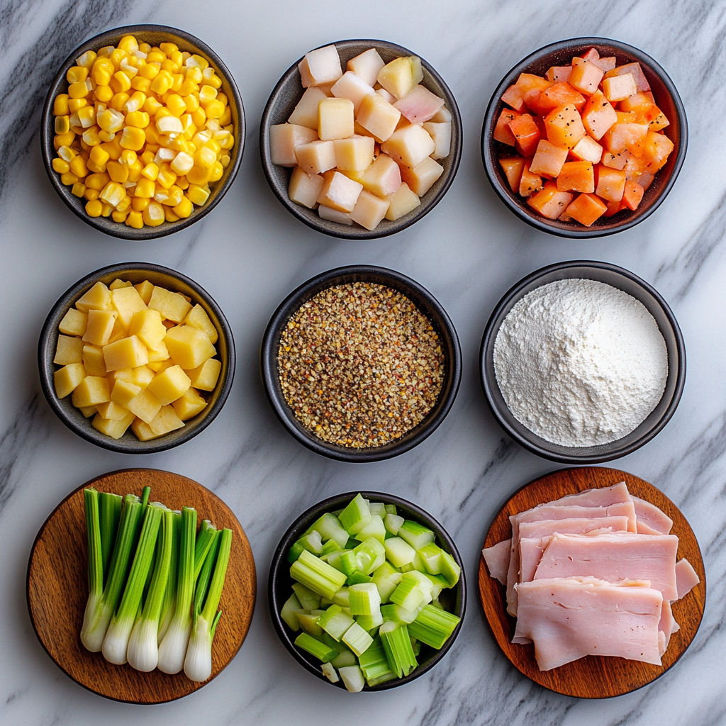 A variety of foods are displayed in bowls, including fruits, vegetables, and meats.