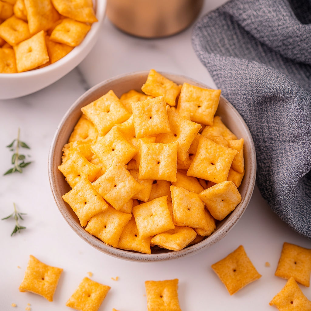 A bowl of cheese crackers on a table.