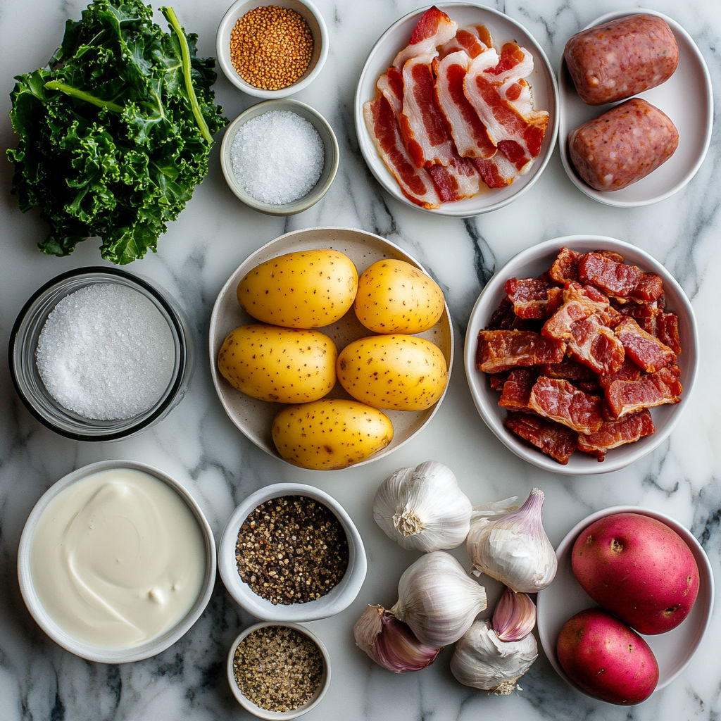 A table with various food items including potatoes, garlic, bacon, and sausage.