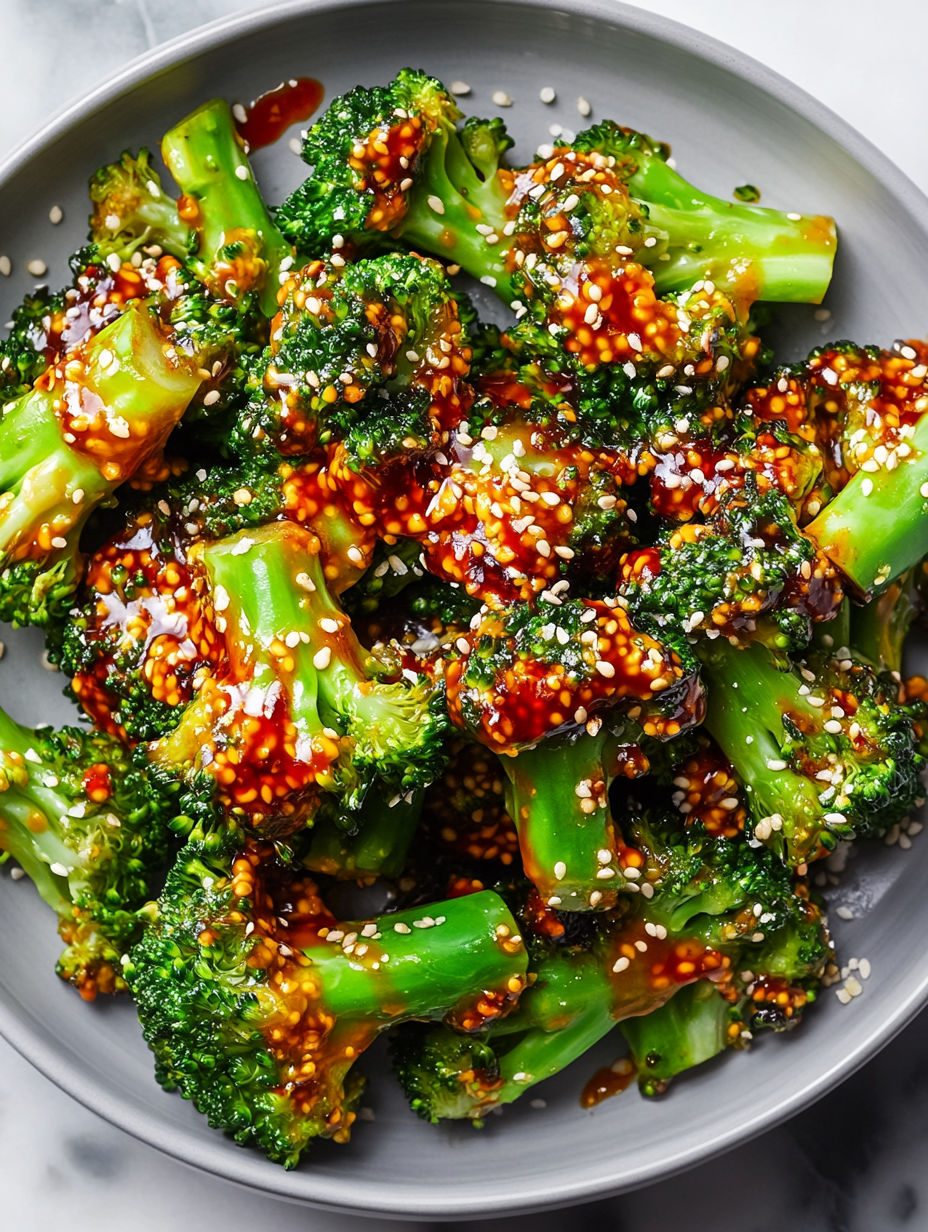 A plate of broccoli with a sauce on it.