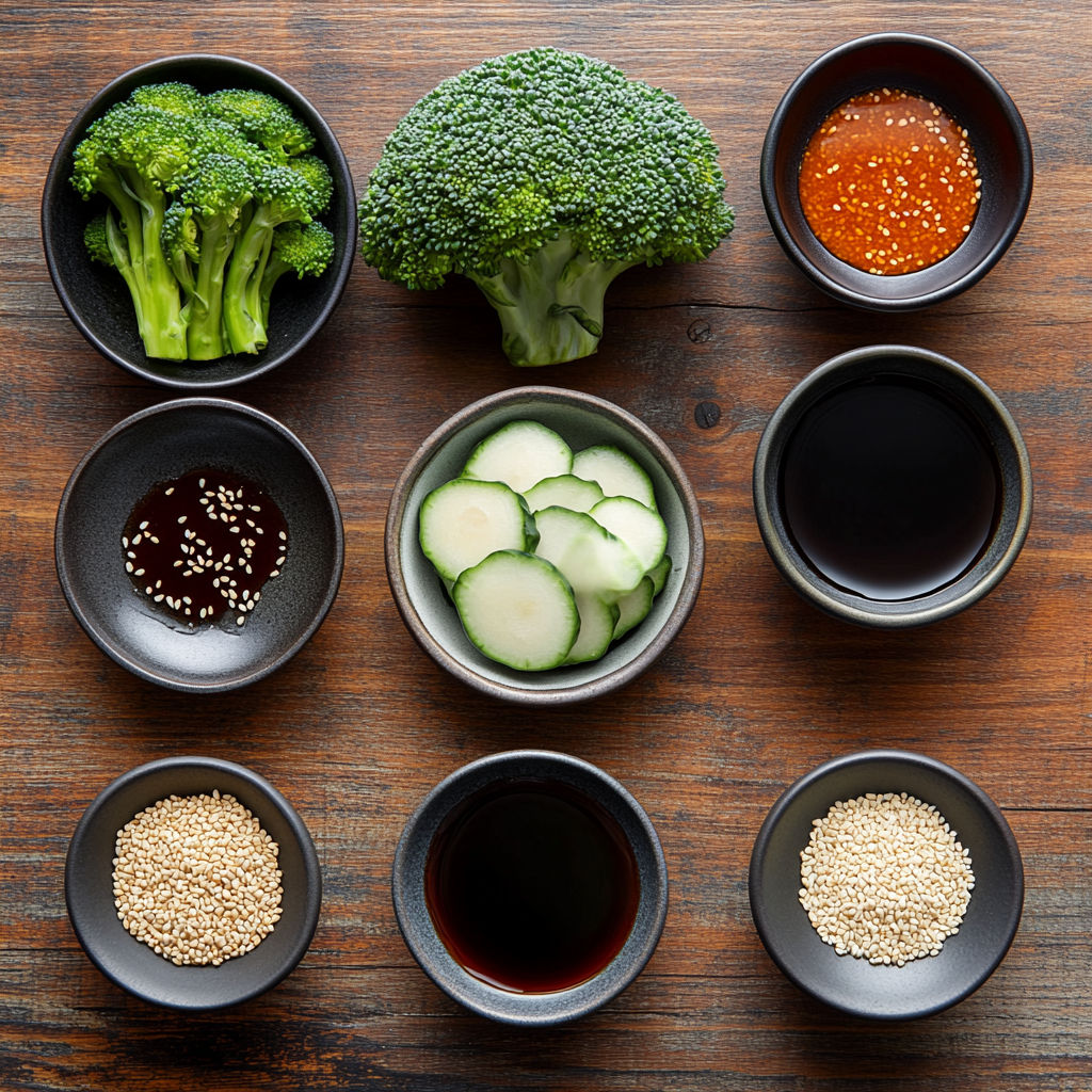A variety of vegetables and sauces are displayed on a table.